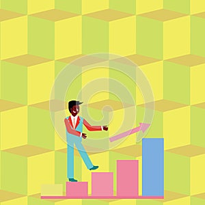 Businessman Smiling and Climbing the Bar Chart Upward. Happy Man in Suit Following an Arrow Go Up the Columnar Graph