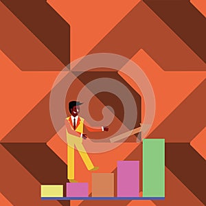 Businessman Smiling and Climbing the Bar Chart Upward. Happy Man in Suit Following an Arrow Go Up the Columnar Graph