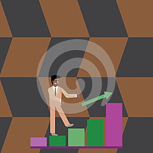 Businessman Smiling and Climbing the Bar Chart Upward. Happy Man in Suit Following an Arrow Go Up the Columnar Graph