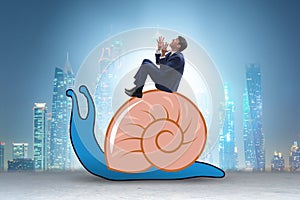Businessman with snail in slow business concept