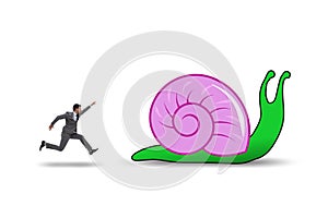 Businessman with snail in slow business concept