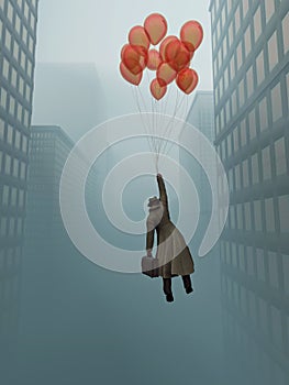 Businessman soaring on balloon in city photo