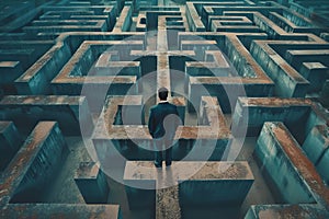 Businessman solving problems in maze, finding solutions, concept of decision making