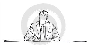 Man in Suit Sitting at Desk Holding Pen, Continuous Line Drawing