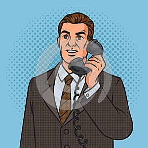 Businessman speaks on old phone pop art raster