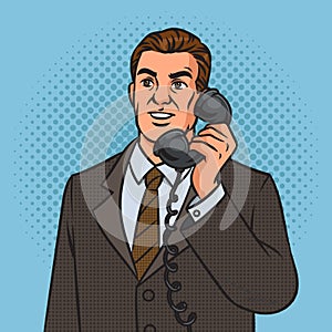 Businessman speaks on old phone pop art vector