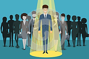 Businessman in spotlight. Human resource recruitment vector concept background