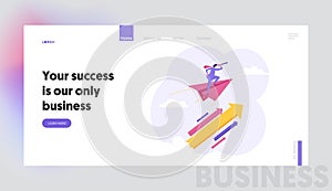 Businessman with Spyglass, Leader, Flying on Paper Plane with Big Arrow, Financial Leadership, Goal Achievement