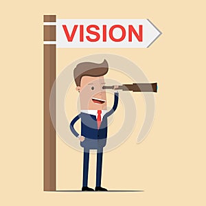 Businessman with a spyglass near the sign direction with the word vision. Vector illustration