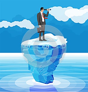 Businessman with spyglass on tiny iceberg in ocean