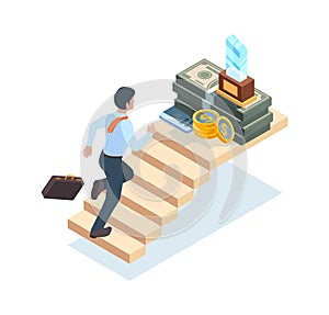 Businessman on stairs. Man ladder running walking steps on stairs to success and victory vector isometric concept