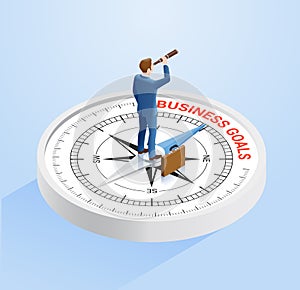 Businessman stand on the compass and holding a binoculars. Isometric vector illustrations concept