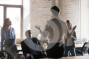 Businessman stand holding business briefing with employees