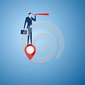 Businessman stand on map pointer using telescope looking for success, opportunities, future business trends. Vision concept