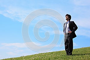 Businessman stand on the meadow
