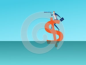 Businessman stand on money sign using telescope looking for success, opportunities, future business trends. Vision concept.