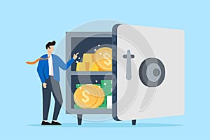 Businessman stand next to safe with gold, and coin cash money in flat design