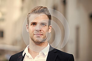 Businessman stand on urban background. Confident man in formal wear outdoor. This is my city. Male grooming for ceo at