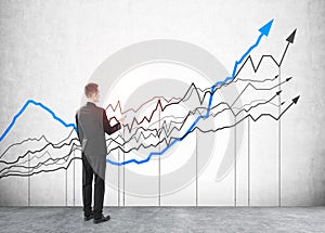 Businessman standing back view and drawing lines, rising stock market