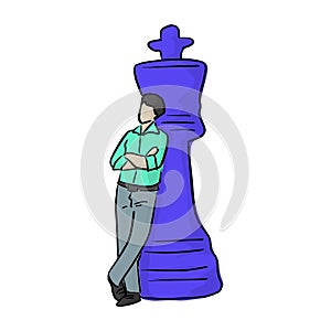 Businessman standing with big blue chess vector illustration with black lines isolated on white background