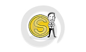 Businessman standing with big gold coin. success marketing concept. isolated illustration outline hand drawn doodle line ar