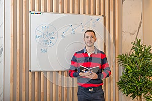 Businessman standing by the blackboard and draws a growth graph.