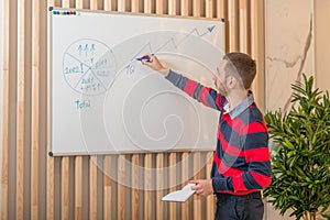 Businessman standing by the blackboard and draws a growth graph.