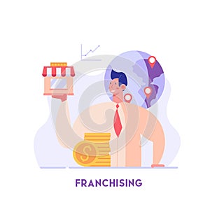 Businessman standing and buying a franchise. Buying a finished business. Concept of business industry, franchising, bizopp,