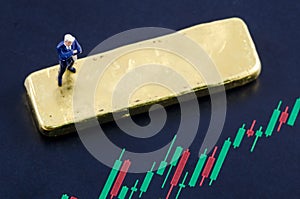 Businessman standing on the candlestick chart with gol