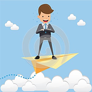 Businessman Standing Chest Hug on Paper Plan on the Sky. Concept Business Vector Illustration Flat Style.