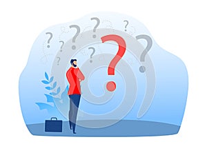 Businessman standing and choosing work strategy for success. Questions dilemma and options confusion concept vector illustrator