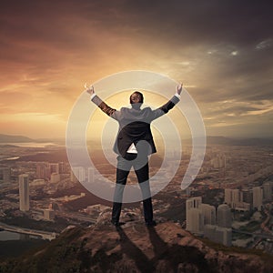Businessman standing on cliff with city night beautiful background on high mountain.