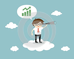Businessman standing on the cloud with a telescope and looking for opportunity.