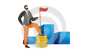Businessman standing on coins in front of bar graph holding red flag. Achievement in financial success and growth