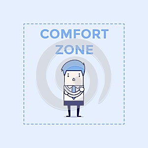 Businessman standing in comfort zone. Cartoon character thin line style vector.