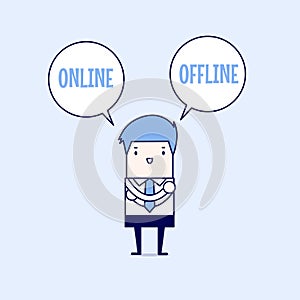 Businessman standing confuse to choose between two option online or offline. Cartoon character thin line style vector.