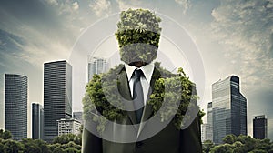 Businessman standing covered with green grass. Concept of sustainable resources