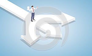 Businessman standing at the cross roads of business decision with modern isometric style