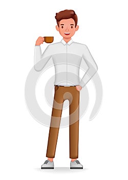 Businessman standing and drinking coffee, office worker having break character design. 3d vector illustration