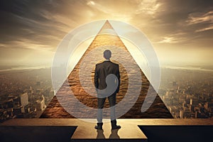 Businessman standing on the edge of a pyramid and looking at the city, A businessman on the peak of a pyramid looking off into the