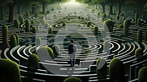 Businessman standing at the entrance of a large maze, contemplating strategy