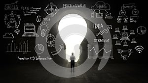 Businessman Standing in front of black, shape of bulb light, Business plan and various graph in black wall.