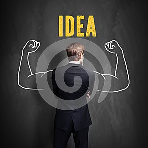 Businessman standing in front of a blackboard with the word `IDEA`