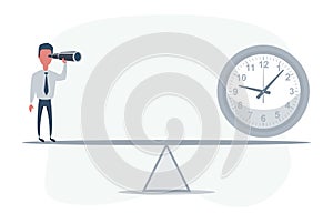 Businessman standing in front of clock. Businessman looking in future on seesaw. Man using telescope looking for success