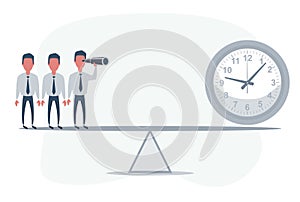 Businessman standing in front of clock. Businessman looking in future on seesaw. Man using telescope looking for success