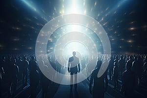 Businessman standing in front of a crowd of people with glowing lights, Leadership concept with crowd of people and light. 3d