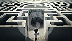 Businessman standing in front of a labyrinth. Generative Ai