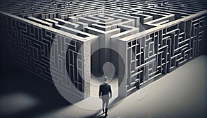 Businessman standing in front of a labyrinth. Generative Ai
