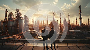 Businessman standing in front of the oil refinery in the city