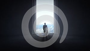 Businessman standing in the front of opening wall with view to the Earth